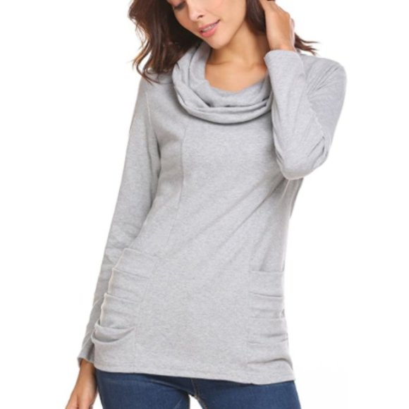 NWT Silver Grey Cowl Neck Pocket Ruched Sweater - Picture 3 of 4